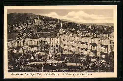 AK Baden-Baden, Bad-Hotel Zähringer Hof vom Garten aus gesehen