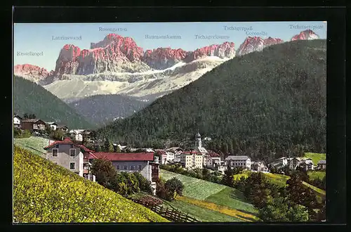 AK Welschnofen, Ortsansicht mit Dolomitengipfeln