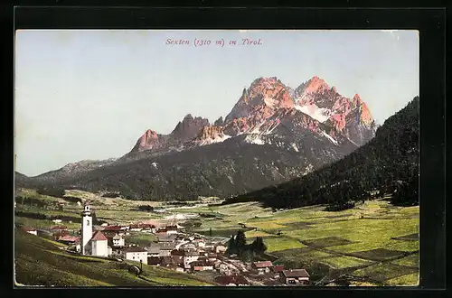AK Sexten, Totalansicht mit Felsmassiv