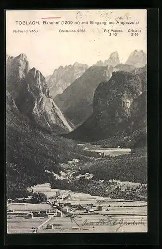 AK Toblach, Bahnhof mit Eingang ins Apezzotal mit Nasswand, Cristallino und Cristallo