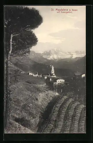 AK St. Magdalena b. Bozen, Panorama mit Kirche und Rosengarten