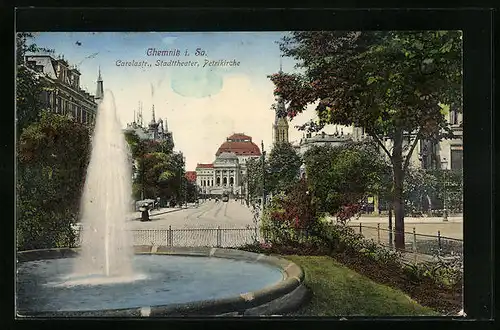 AK Chemnitz, Carolastrasse mit Stadttheater und Petrikirche