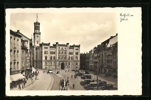 AK Zittau, Rathaus mit Strassenpartie