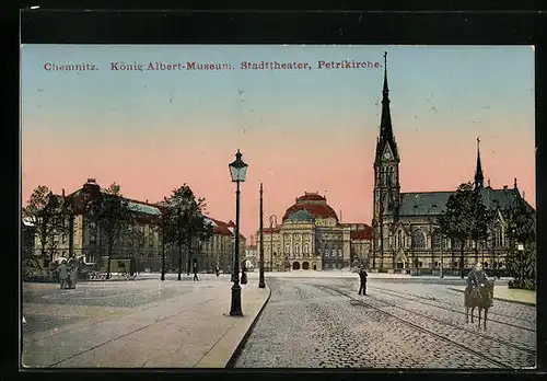 AK Chemnitz, König Albert-Museum mit Stadttheater und Petrikirche