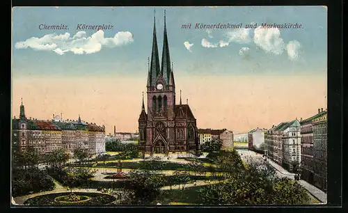 AK Chemnitz, Körnerplatz mit Körnerdenkmal und Markuskirche