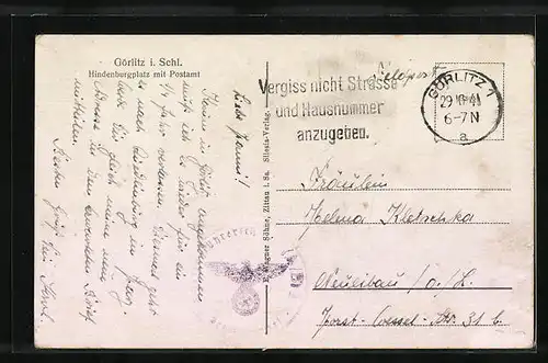AK Görlitz, Hindenburgplatz mit Postamt
