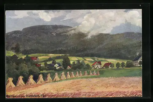 Künstler-AK Rachlau, Ortspartie mit dem Czorneboh