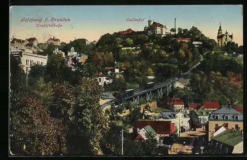 AK Loschwitz b. Dresden, Teilansicht mit Gasthaus Luisenhof und Drahtseilbahn