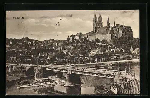 AK Meissen, Fluss mit Brücke und Dampfer