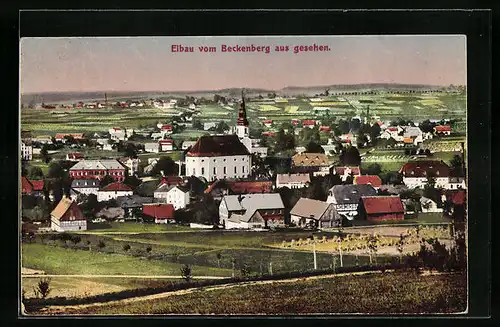 AK Eibau, Ortsansicht mit Kirche und Feldern