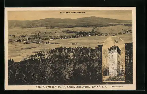 AK Obercunewalde, Totalansicht vom Bieleboh gesehen, Aussichtsturm