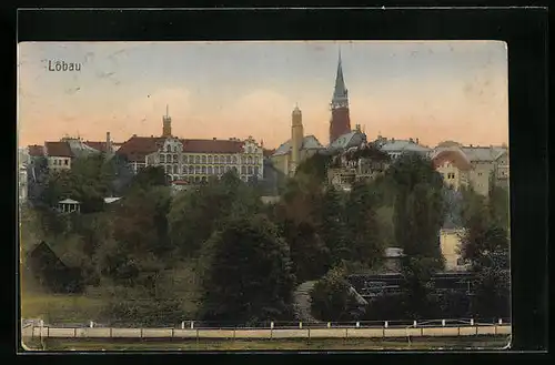 AK Löbau, Ortsansicht mit Kirche