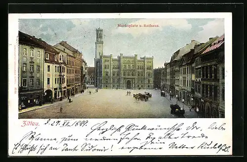 AK Zittau, Marktplatz mit Rathaus und Passanten