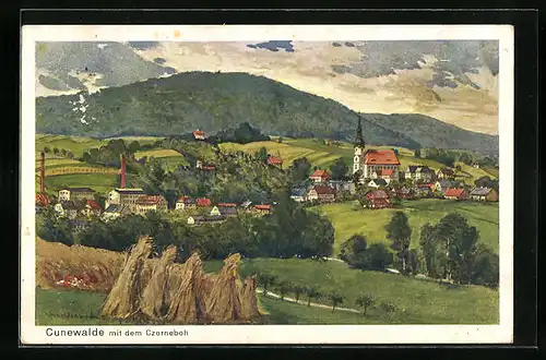 Künstler-AK Cunewalde, Ortsansicht mit dem Czorneboh