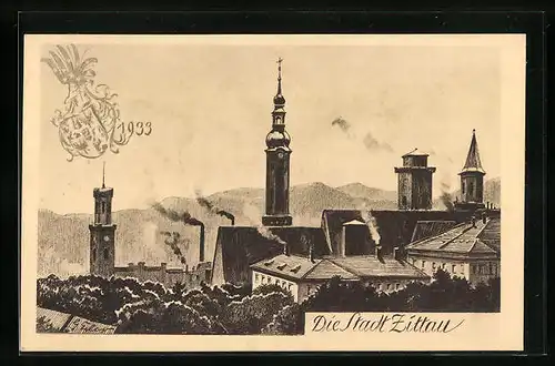 Künstler-AK Zittau, Stadtansicht mit Wappen