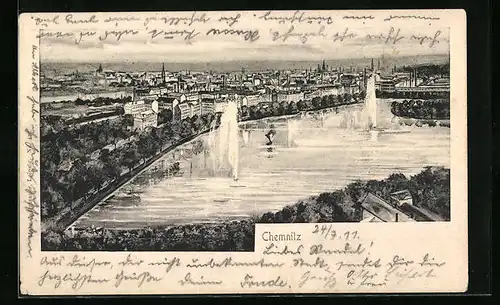 Künstler-AK Chemnitz, Totalansicht aus der Vogelschau