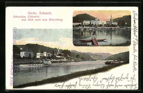 AK Schandau i. säschs. Schweiz, Elbhotels und Blick nach dem Winterberg
