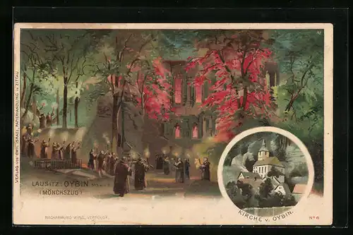Künstler-AK Oybin /Lausitz, Kirche, Mönchszug