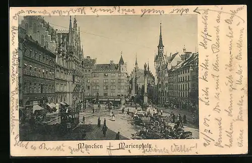 AK München, Leben auf dem Marienplatz, Pferdebahn