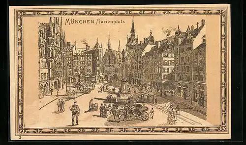 Künstler-AK München, Marienplatz mit Denkmal und Strassenbahn