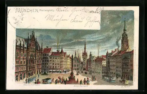 Künstler-AK München, Marienplatz mit altem und neuem Rathaus, St. Peter und Strassenbahn