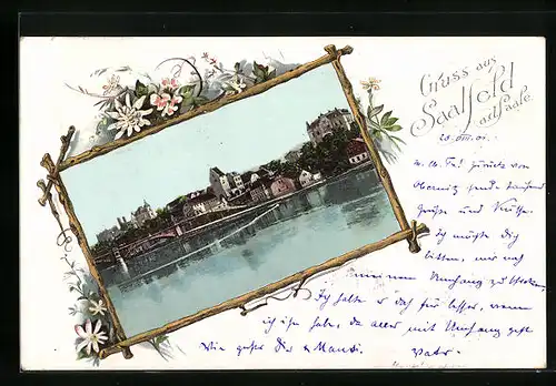 AK Saalfeld a. d. Saale, Uferpartie mit Brücke, Passepartout