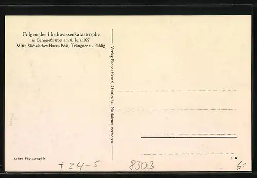 AK Berggiesshübel, Folgen der Hochwasserkatastrophe 1927, Mitte Sächsisches Haus