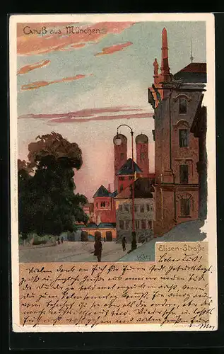 Künstler-AK Heinrich Kley: München, Elisen-Strasse mit den Türmen der Frauenkirche