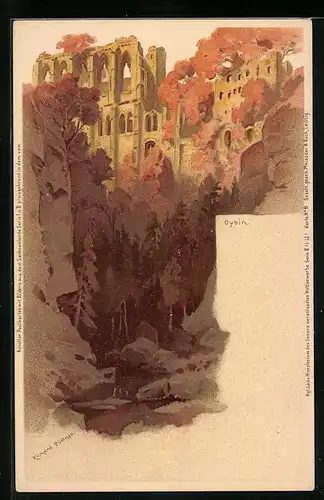 AK Oybin, Ruine mit herbstlichen Bäumen
