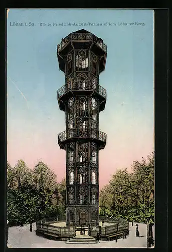 Goldfenster-AK Löbau i. Sa., König Friedrich-August-Turm auf dem Löbauer Berg