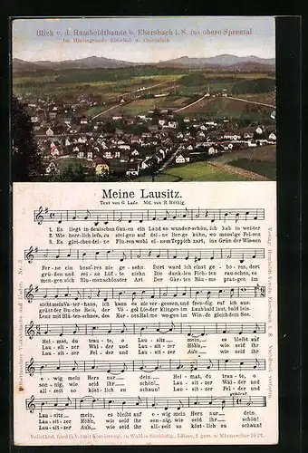 AK Ebersbach, Blick von der Humboldtbaude ins obere Spreetal mit Lied Meine Lausitz