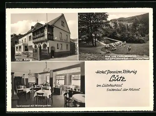 AK Lütz im Lützbachtal, Hotel Pension Röhrig, Speisesaal mit Wintergarten, Schwimmbecken und Liegewiesen