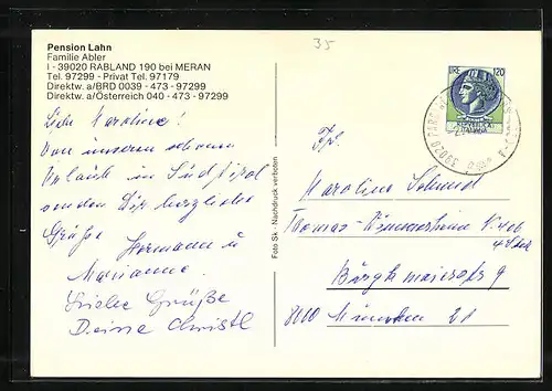 AK Rabland bei Meran, Pension Lahn, Innenansicht, Garten