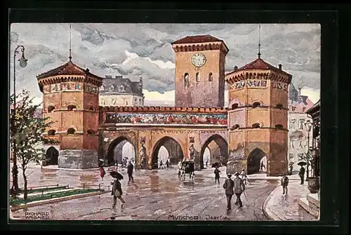 Künstler-AK Richard Wagner: München, Isartor bei nassem Wetter