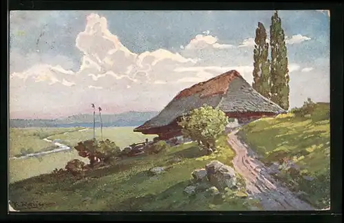 Künstler-AK Edward Harrison Compton: Hütte in hügeliger Landschaft