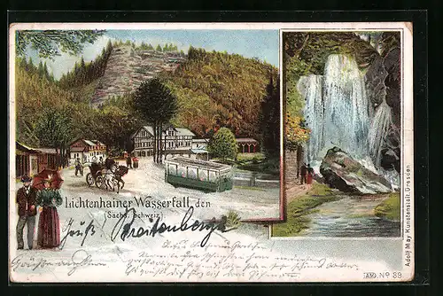 Künstler-AK Lichtenhainer Wasserfall in der Sächsischen Schweiz, Ausflügler mit Kutsche und Strassenbahn