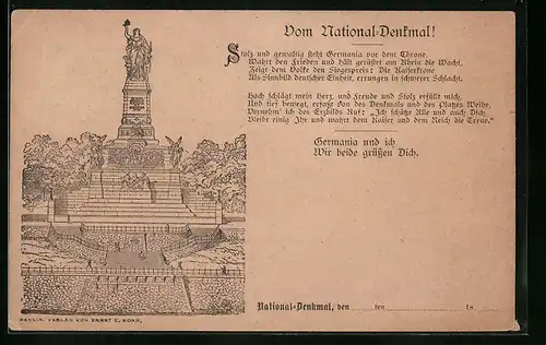 Künstler-AK Niederwald, Deutsches National-Denkmal, Gedicht über Kaiser und Reich