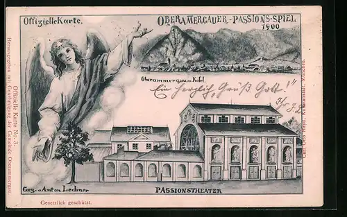 Künstler-AK Oberammergau, Passionsspiel 1900 - Ortspanorama mit Kofel, Passionstheater