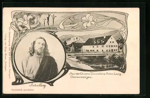 Künstler-AK Oberammergau, Portrait und Haus des Christus-Darstellers Anton Lang, Blumen