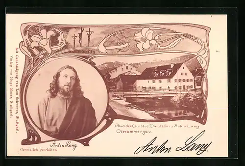 Künstler-AK Oberammergau, Portrait und Haus des Christus-Darstellers Anton Lang, Blumenornamente