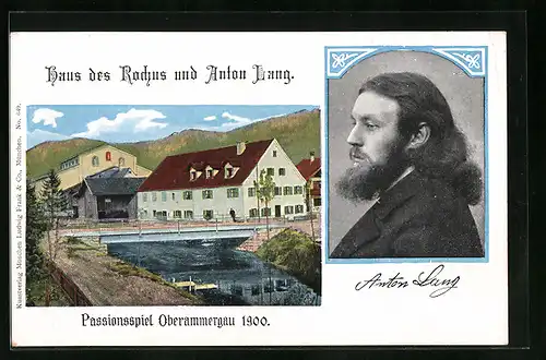 Künstler-AK Oberammergau, Haus des Rochus, Portrait des Christus-Darstellers Anton Lang - Passionsspiel 1900