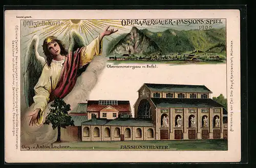 Künstler-AK Oberammergau, Passionsspiel 1900 - Engel, Passionstheater, Ortsansicht mit Kofel