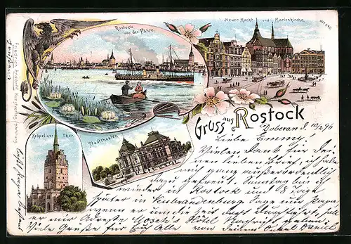 Lithographie Rostock, Stadttheater, Kröpeliner Tor, Neuer Markt und Marienkirche