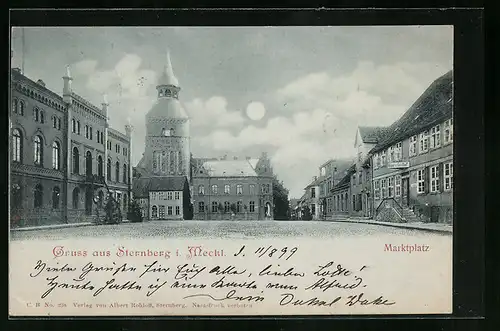 Mondschein-AK Sternberg / Mecklb., Marktplatz mit Röper`s Gasthof