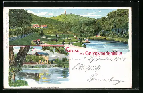 Lithographie Georgsmarienhütte, Uferpartie mit Hotel, Panorama