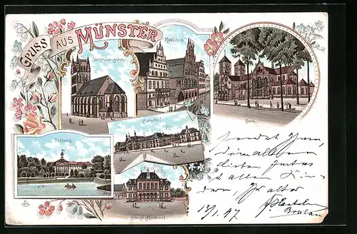 Lithographie Münster, Liebfrauenkirche, Rathaus, Bahnhof