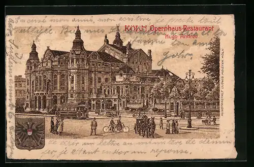 Künstler-AK Köln-Neustadt, Opernhaus-Restaurant mit Strassenbahn