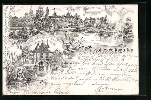 Lithographie Köln-Neustadt, Kölner Volksgarten, Haus am Bootsteich, Paar im Boot Amor