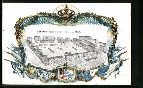 Künstler-AK München, Marsfeld-Kaserne i. Inf. Regt., Wappen, Passepartout