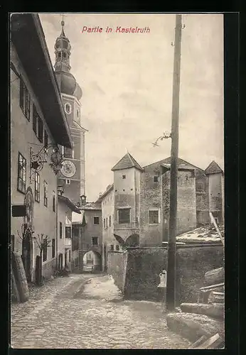 AK Kastelruth, Partie mit Blick auf Kirchturm